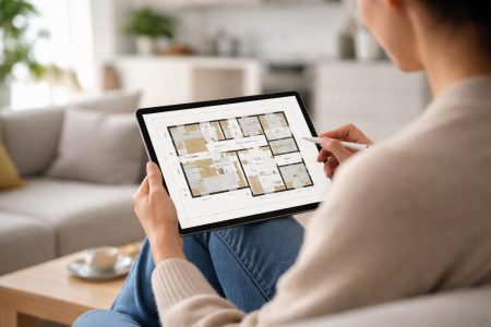 personne-tablette-salon-moderne lumineux