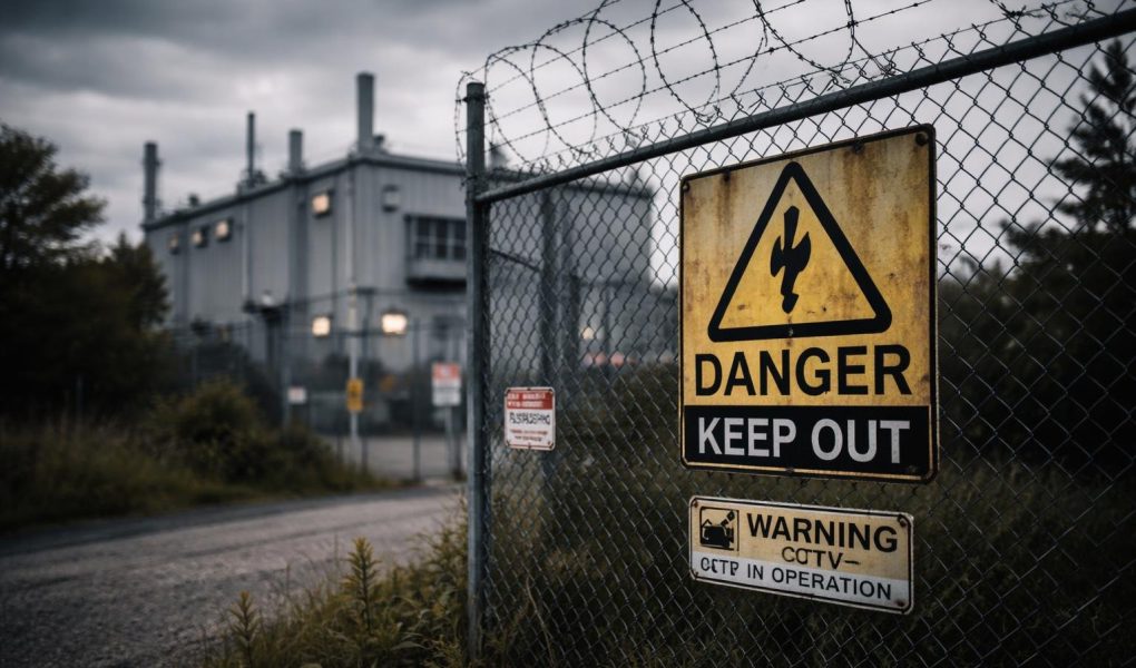 batiment-industriel-cloture-panneau-avertissement