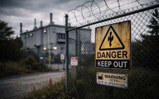 batiment-industriel-cloture-panneau-avertissement