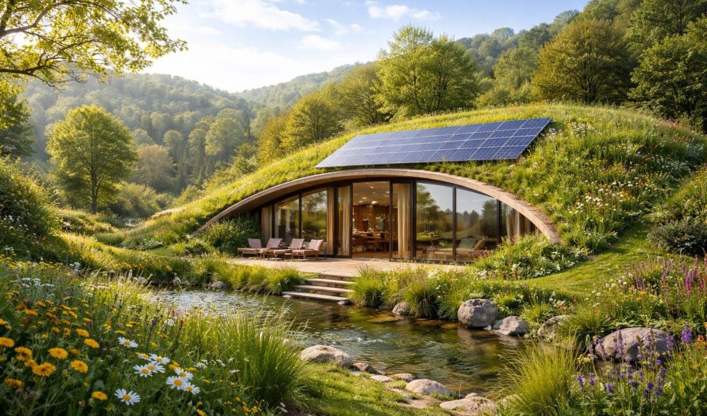 maison-ecologique-nature-luxuriante-panneaux-solaires