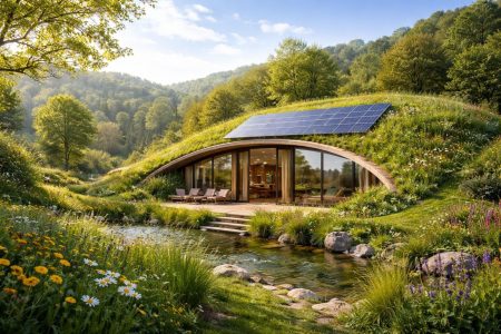 maison-ecologique-nature-luxuriante-panneaux-solaires