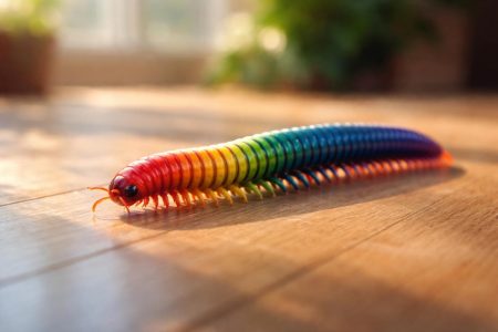 mille-pattes-couleurs-vives-parquet-bois