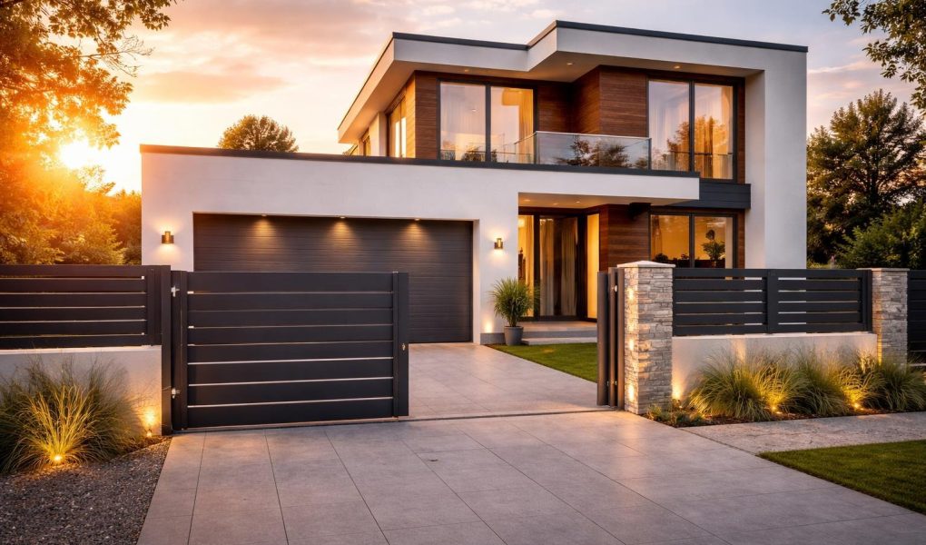 maison-moderne-entree-garage-soleil-couchant