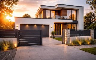 maison-moderne-entree-garage-soleil-couchant