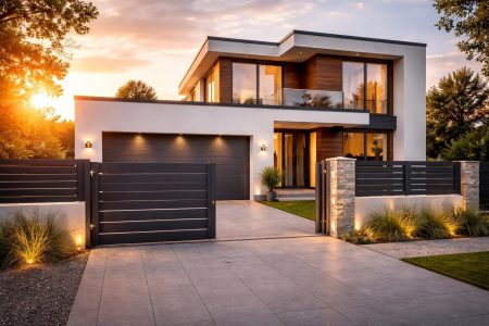 maison-moderne-entree-garage-soleil-couchant