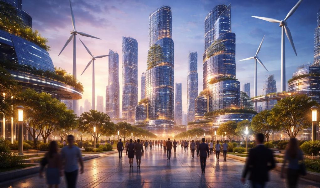 gratte-ciels-futuristes-panneaux-solaires-eoliennes