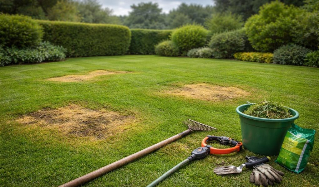 pelouse-jaunie-outils-jardin-ciel-nuageux