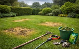 pelouse-jaunie-outils-jardin-ciel-nuageux