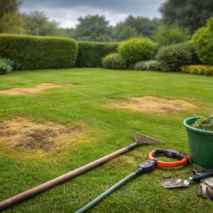 pelouse-jaunie-outils-jardin-ciel-nuageux