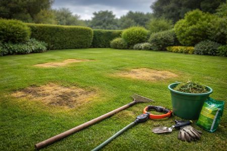 pelouse-jaunie-outils-jardin-ciel-nuageux
